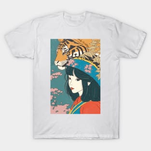 Lady tiger in pink flower forest T-Shirt